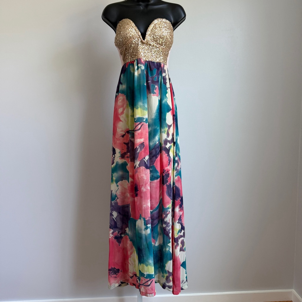 Reverse  Boho Beachy Ethereal Glitter Tropical Floral Sequin Maxi Dress M